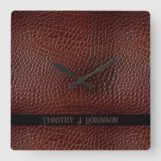 Personalized Faux Leather Brown Embossed Square Wall Clock (Front)