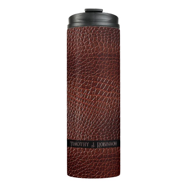 Personalized Faux Leather Brown Embossed Thermal Tumbler (Front)