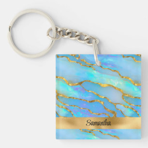 Personalized Faux Opal Stone and Gold Keychain