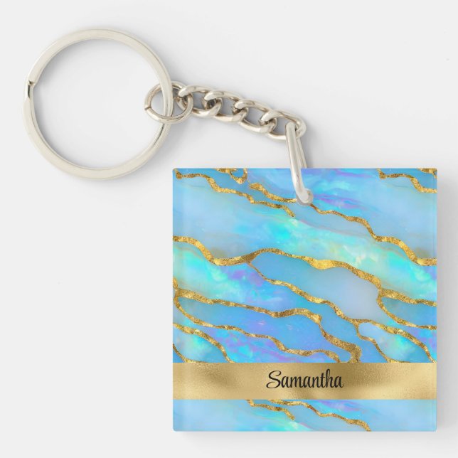 Personalized Faux Opal Stone and Gold Keychain (Front)