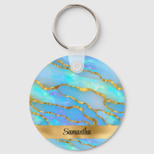 Personalized Faux Opal Stone and Gold Keychain