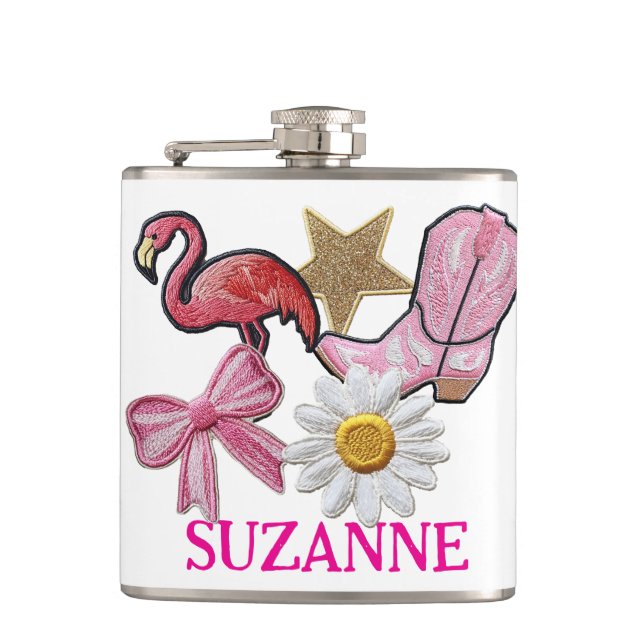 Personalized Faux Patches Pink Western Boot Hip Flask (Front)