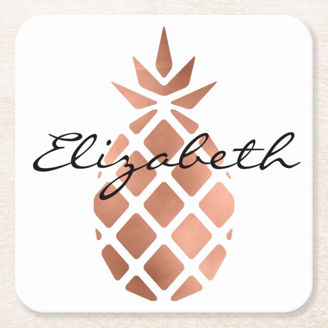Personalized Faux Rose Gold Foil Pineapple Square Paper Coaster (Front)