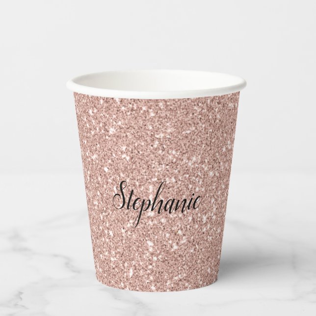 Personalized Faux Rose Gold Glitter Paper Cups (Front)