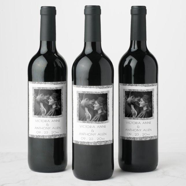Personalized Faux Silver Frame Rustic Elegant Wine Label (Bottles)