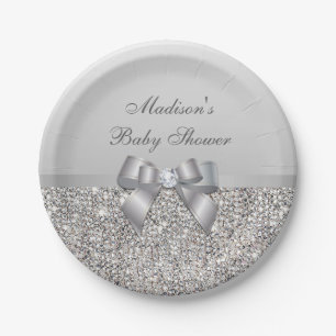 Personalized Faux Silver Sequins Bow Baby Shower Paper Plate