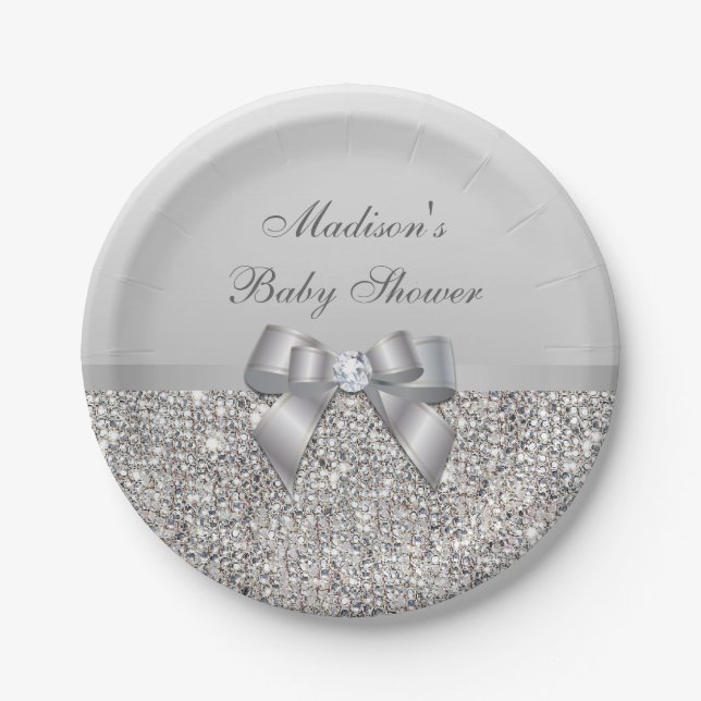 Personalized Faux Silver Sequins Bow Baby Shower Paper Plate (Front)