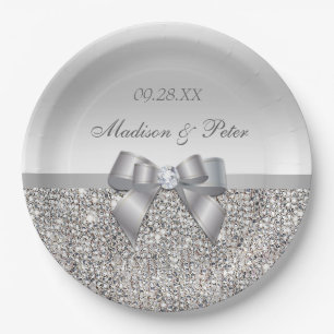 Personalized Faux Silver Sequins Bow Wedding Paper Plate