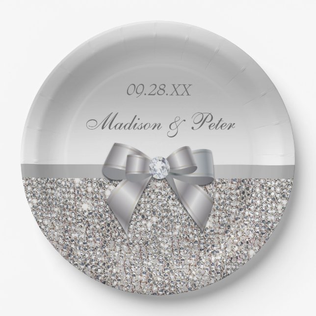 Personalized Faux Silver Sequins Bow Wedding Paper Plate (Front)