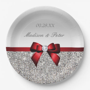 Personalized Faux Silver Sequins Red Bow Wedding Paper Plate