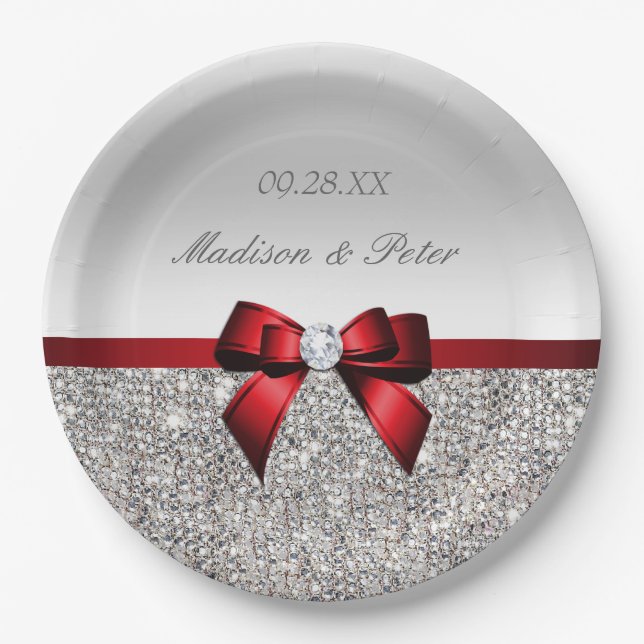 Personalized Faux Silver Sequins Red Bow Wedding Paper Plate (Front)