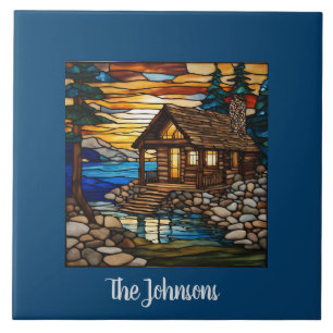Personalized Faux Stained Glass Cabin Landscape Tile