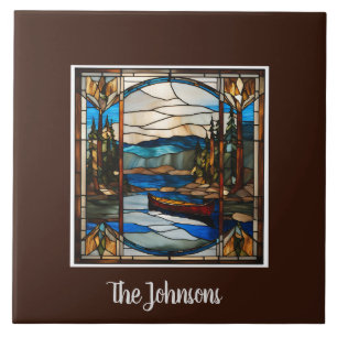 Personalized Faux Stained Glass Canoe Landscape Tile