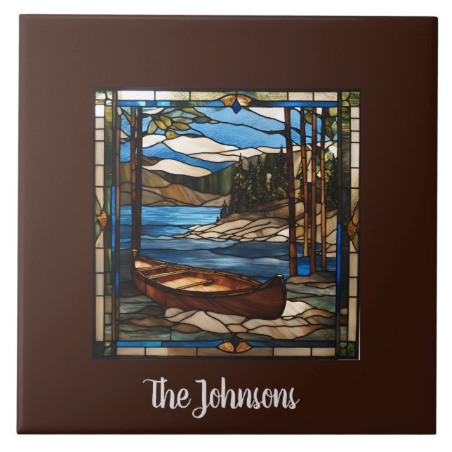 Personalized Faux Stained Glass Canoe Landscape Tile (Front)
