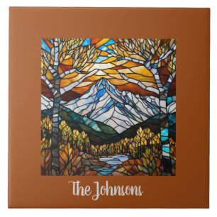 Personalized Faux Stained Glass Mountain Landscape Tile