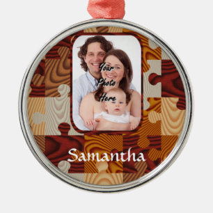 Personalized faux wood jigsaw metal ornament