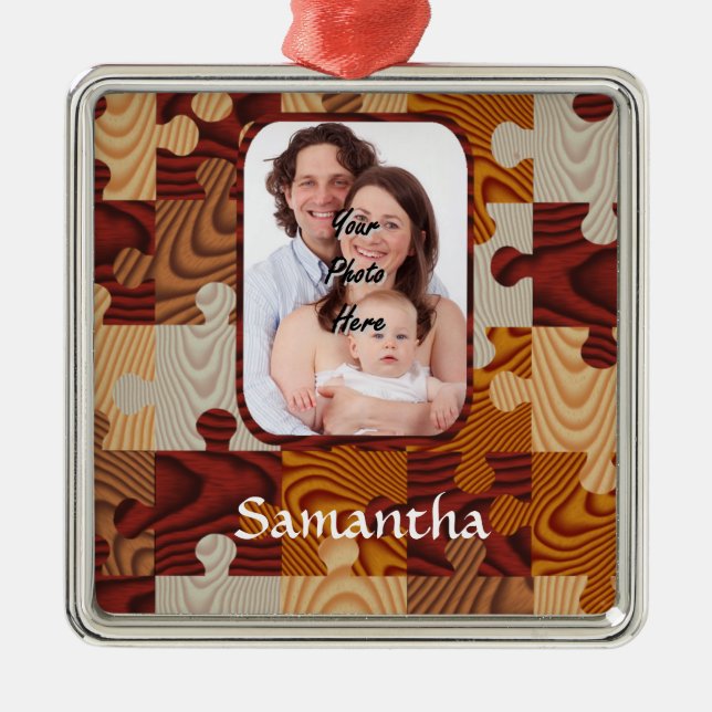 Personalized faux wood jigsaw metal ornament (Front)