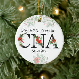 Personalized Favorite CNA Red Floral Christmas Ceramic Ornament