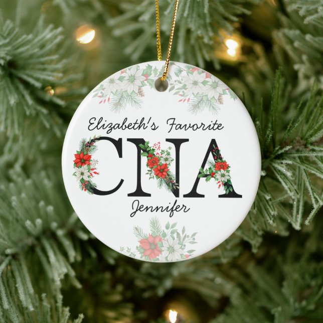 Personalized Favorite CNA Red Floral Christmas Ceramic Ornament (Tree)
