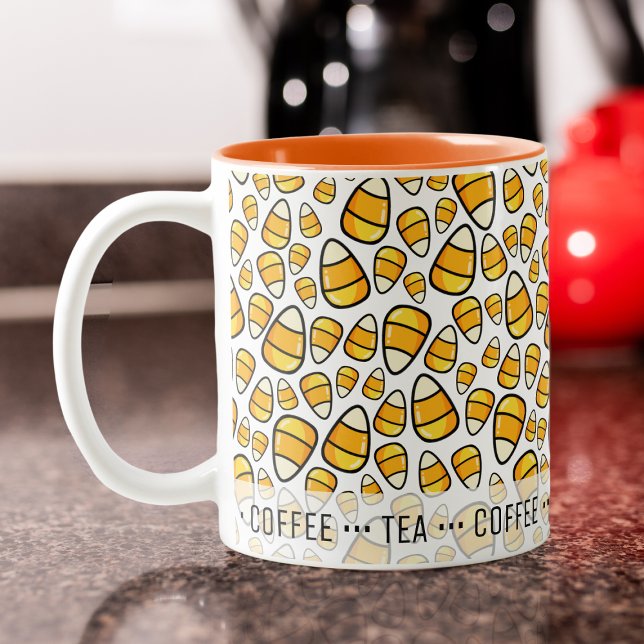 Personalized Favourite Drinks Candy Corn Pattern Two-Tone Coffee Mug (Have a whimsical candy corn pattern with your favorite words at the bottom around the mug.)