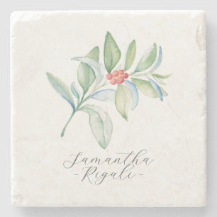 Personalized Favours Watercolor Christmas Botanica Stone Coaster