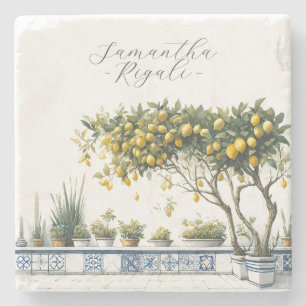 Personalized Favours Watercolor Lemon Blue Tile Stone Coaster