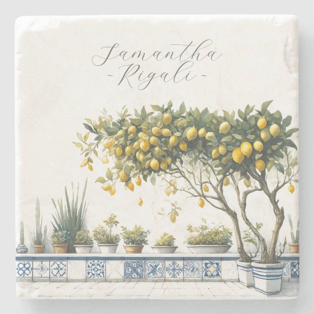 Personalized Favours Watercolor Lemon Blue Tile Stone Coaster (Front)