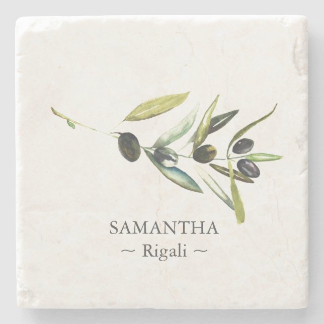 Personalized Favours Watercolor Olive Branch Stone Coaster (Front)