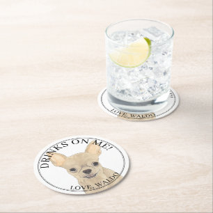 Personalized Fawn Long Haired Chihuahua Wedding Round Paper Coaster