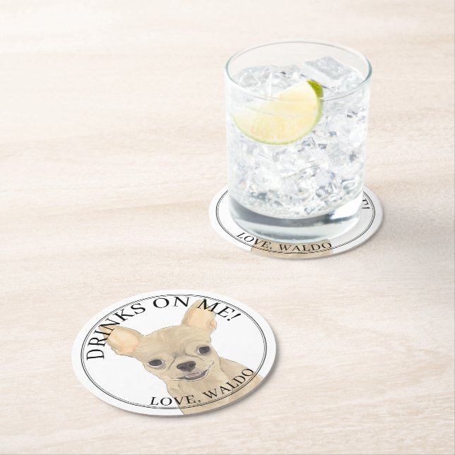 Personalized Fawn Long Haired Chihuahua Wedding Round Paper Coaster (Insitu)