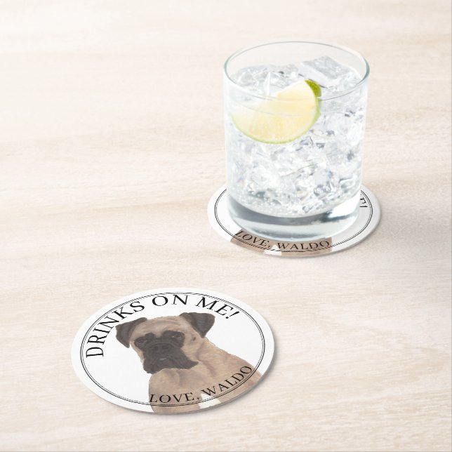 Personalized Fawn Masked Boxer Dog Wedding Round Paper Coaster (Insitu)