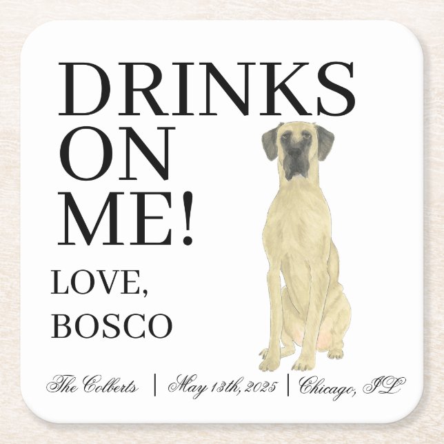 Personalized Fawn Masked Great Dane Wedding Square Paper Coaster (Front)