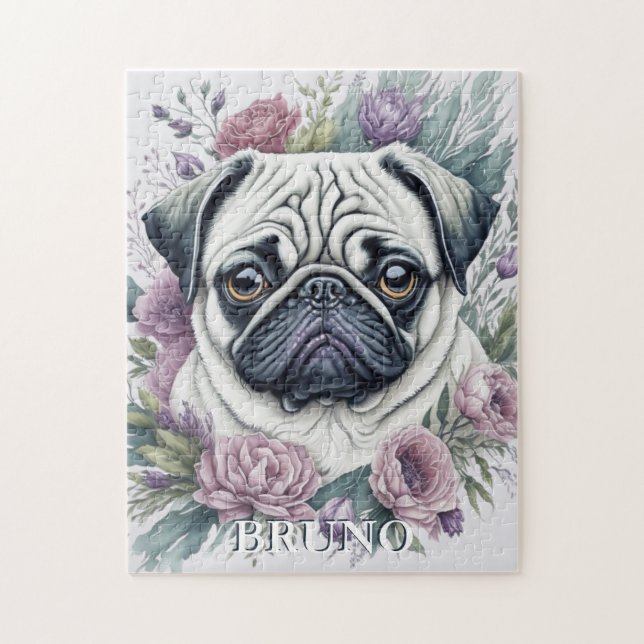 Personalized Fawn Pug Watercolor Floral Jigsaw Puzzle (Vertical)