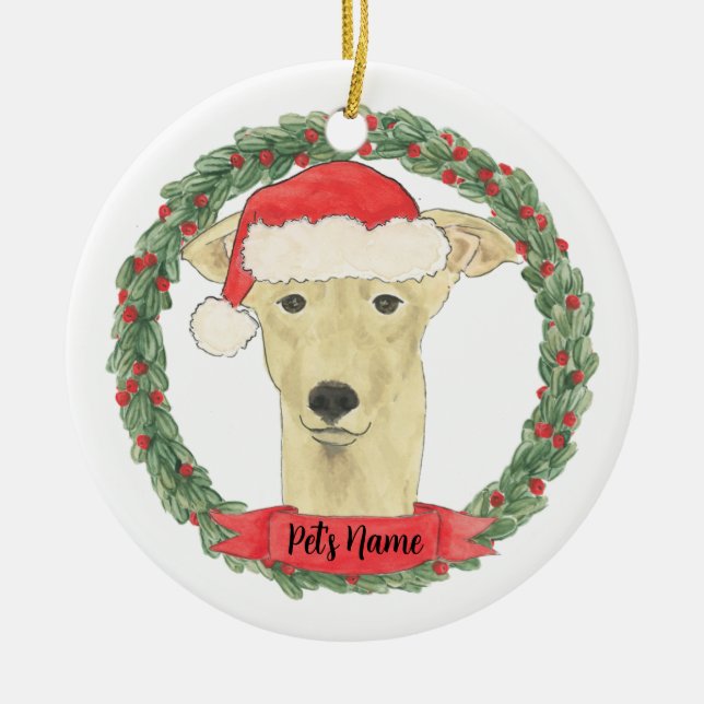 Personalized Fawn Tan Greyhound Christmas Ceramic Ornament (Front)