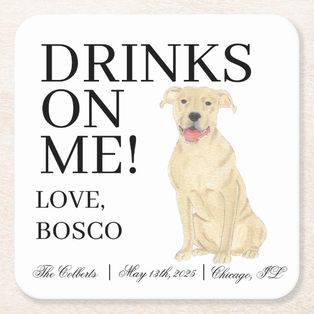 Personalized Fawn Tan Pitbull Staffy Dog Wedding Square Paper Coaster (Front)