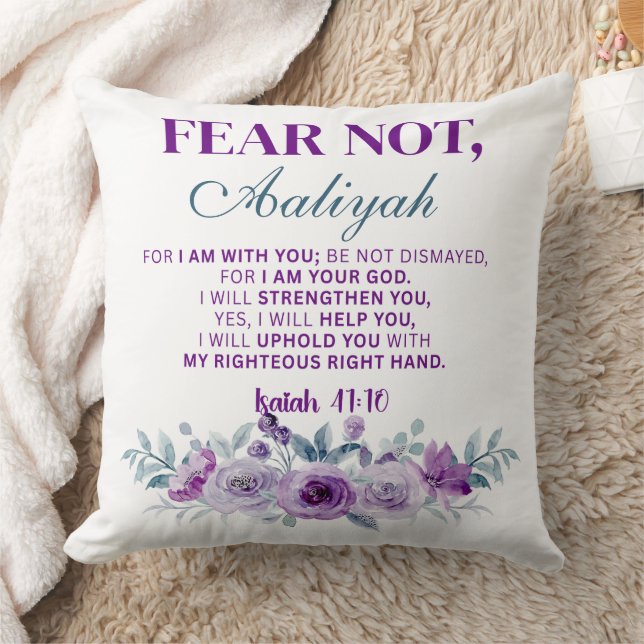 Personalized Fear Not Isaiah 41:10 Purple Floral Throw Pillow (Blanket)
