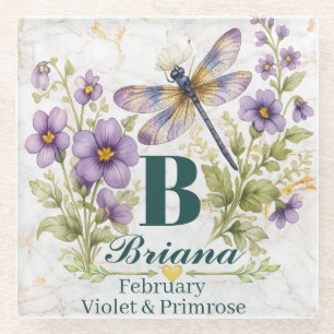 Personalized February Birth Flower Dragonfly Tote Glass Coaster