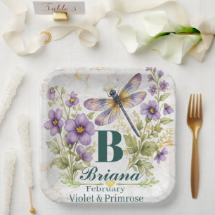 Personalized February Birth Flower Dragonfly Tote Paper Plate