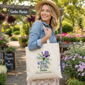 Personalized February Birth Flower Iris Dragonfly Tote Bag