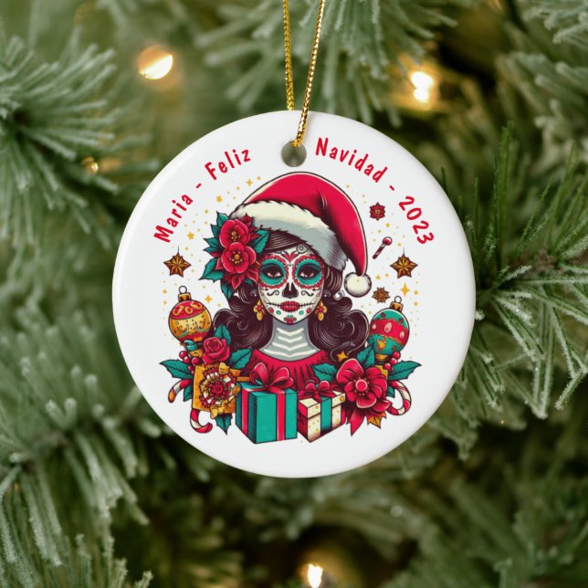 Personalized Feliz Navidad De Los Muertos Ceramic Ornament (Tree)