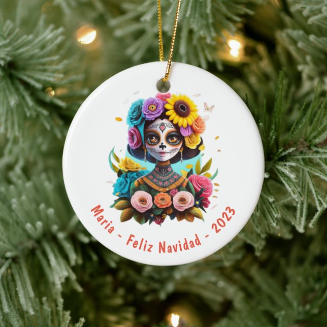 Personalized Feliz Navidad De Los Muertos Ceramic Ornament (Tree)