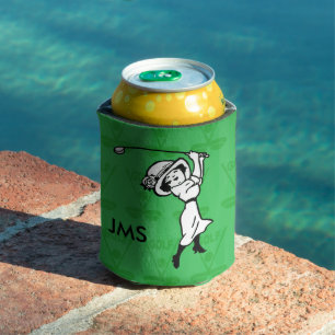 Personalized female golf cartoon golfer can cooler