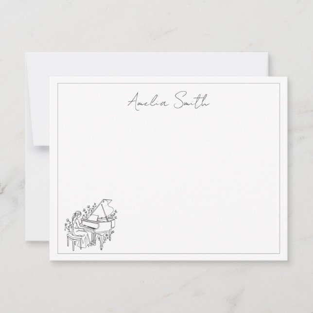 Personalized Female Piano Player Line Drawing Card (Front)