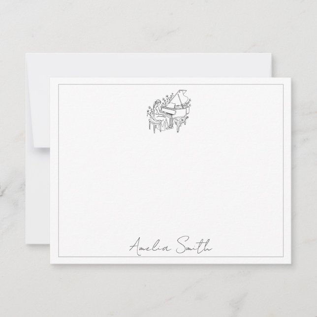 Personalized Female Piano Player Line Drawing Card (Front)