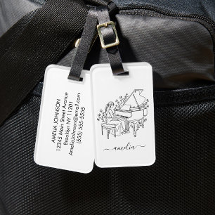 Personalized Female Piano Player Line Drawing Luggage Tag