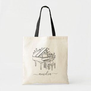 Personalized Female Piano Player Line Drawing Tote Bag