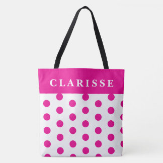 Personalized Feminine Hot Pink & White Polka Dots Tote Bag