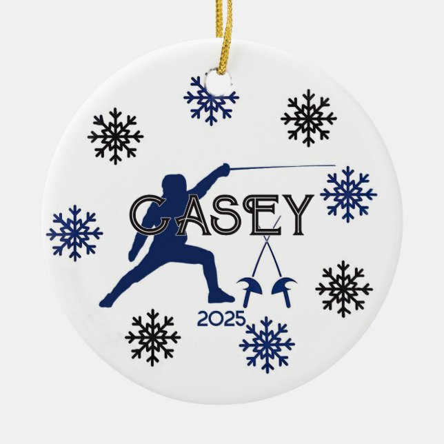 Personalized Fencing Silhouette And Snowflake  Ceramic Ornament (Front)