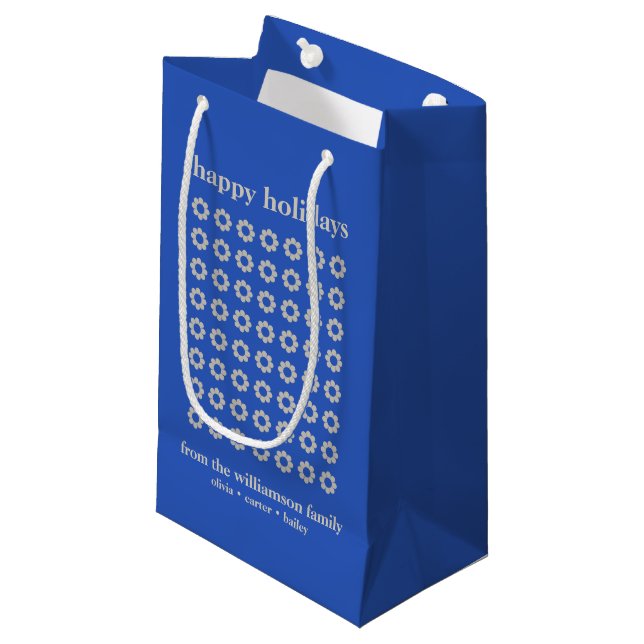 Personalized Festive Blue Holiday Modern Geometric Small Gift Bag (Front Angled)