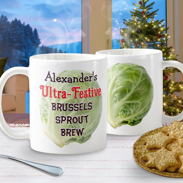 Personalized Festive Brussels Sprout Brew Funny Coffee Mug (A funny and festive personalized Christmas mug, with brussels sprout pictures and humorous caption)